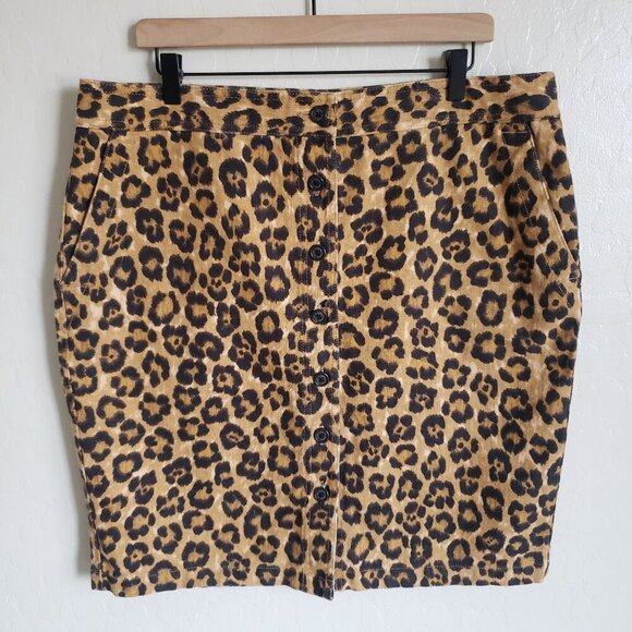 Ralph Lauren Linen Blend Leopard Print Button Front Skirt Brown/Black Womens 16 - Picture 1 of 9